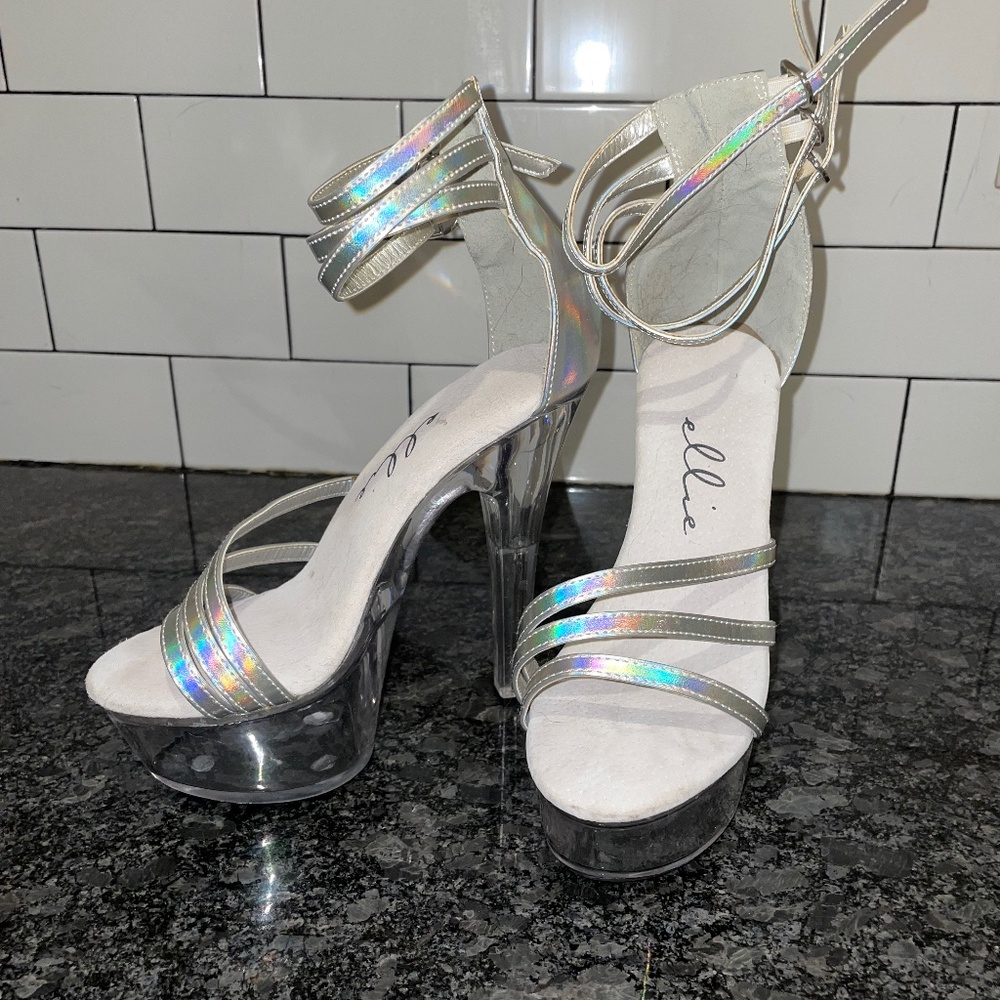 Ellie heels Holographic ankle straps Sexy Stripper Exotic dancer open toe Size 5